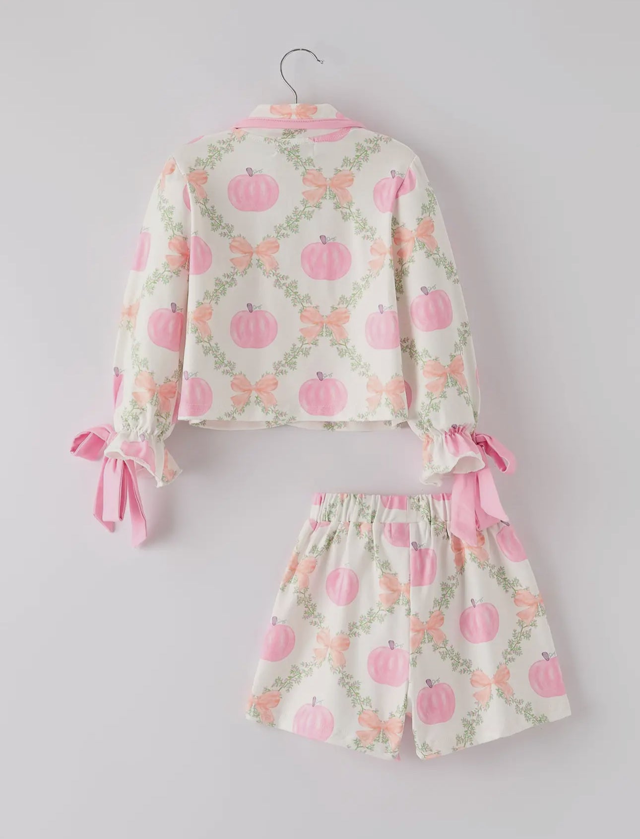 Halloween Pumpkin Floral Print Long Sleeve Top Shorts Girls Pajama Set