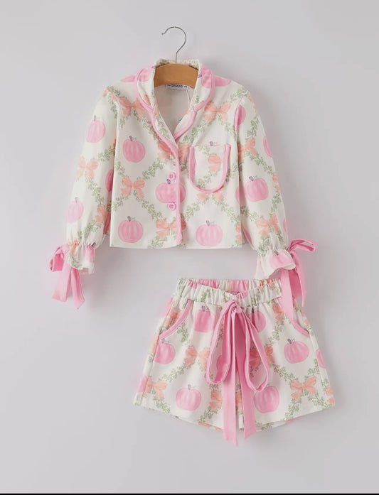 Halloween Pumpkin Floral Print Long Sleeve Top Shorts Girls Pajama Set